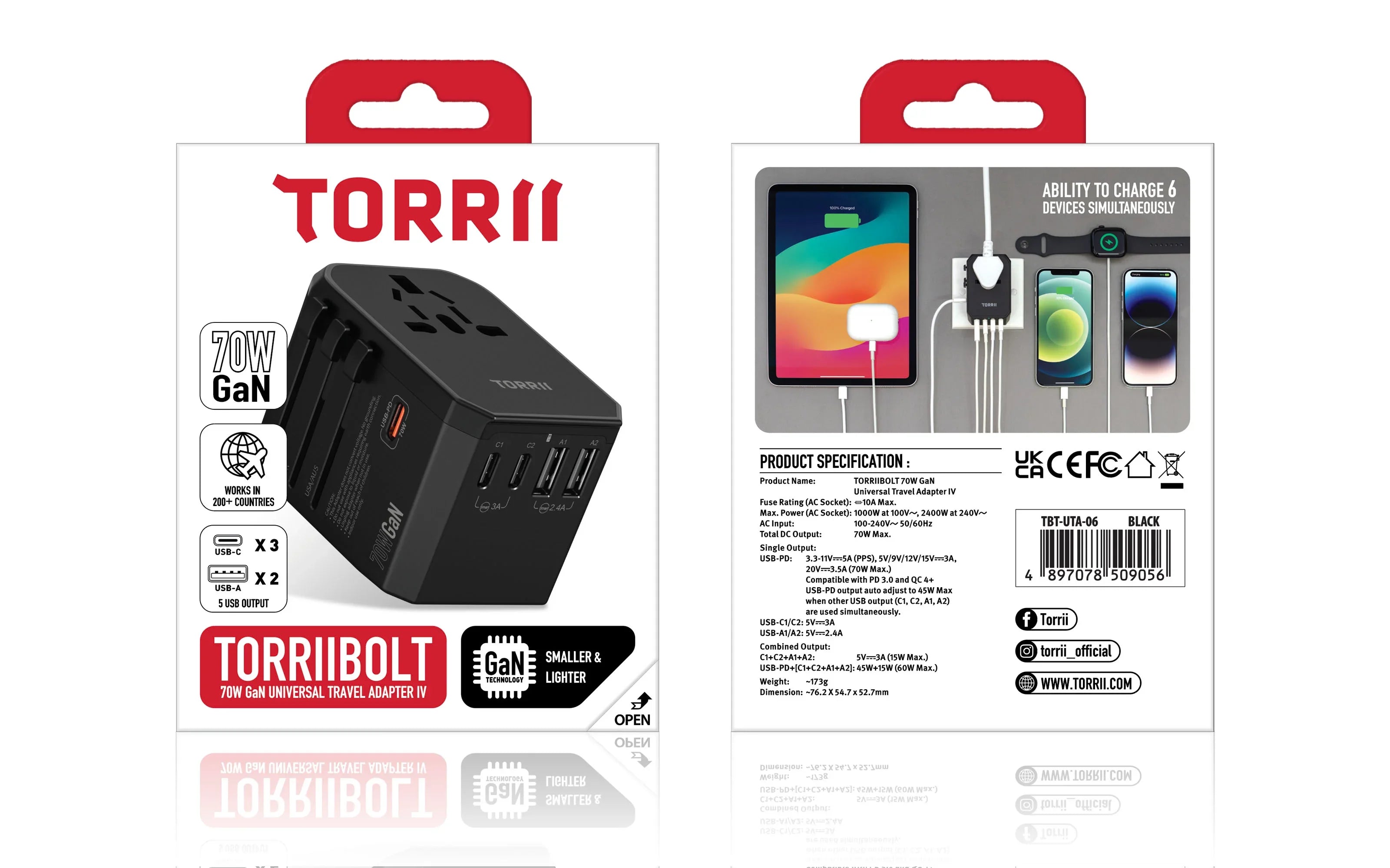 Torrii Bolt 70W GaN Universal Travel Adapter IV - Black - Tashqila Torrii Bolt 70W GaN Universal Travel Adapter IV - Black - Tashqila